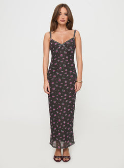 front view of model wearing Princess Polly Cotter Maxi Dress Black Floral V-Neck 