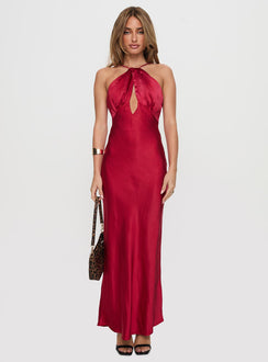 side view of model wearing Princess Polly Saja Cut Out Maxi Dress Red V-Neck 