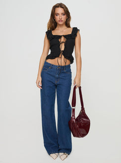 front view of model wearing Princess Polly Redwood Top Black Short Sleeves Sweetheart 