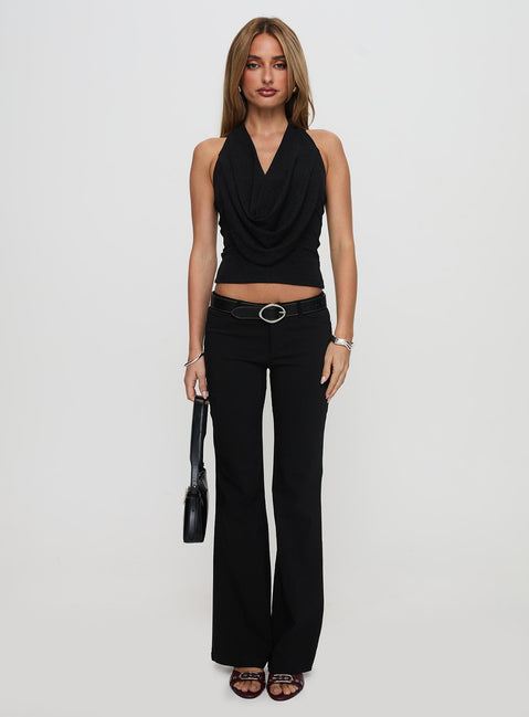 side view of model wearing Princess Polly Camera Flash Halter Top Black Glitter Sleeveless Cowl 