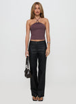 front view of model wearing Princess Polly Final Tango Halter Top Plum Sleeveless V-Neck 