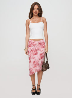   side view of model wearing Princess Polly Sicilia Midi Skirt Floral Multi Midi Skirts 