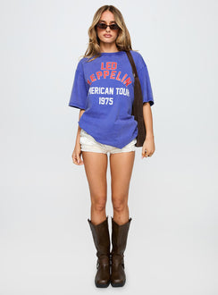side view of model wearing Princess Polly Led Zeppelin Vintage Oversized Graphic Tee Blue Half Sleeves Crew Neck 