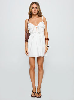 front view of model wearing Princess Polly Viviette Ruched Mini Dress White Plunger 