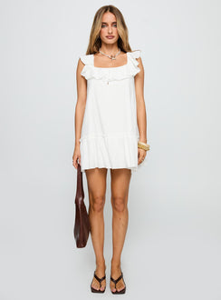 front view of model wearing Princess Polly Alicen Frill Mini Dress White Square Neck 