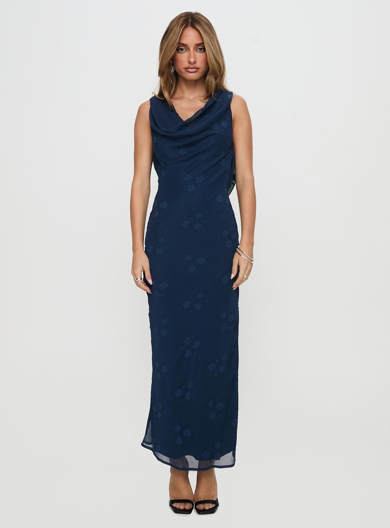 front view of model wearing Princess Polly Contessa Maxi Dress Navy Cowl Neck 