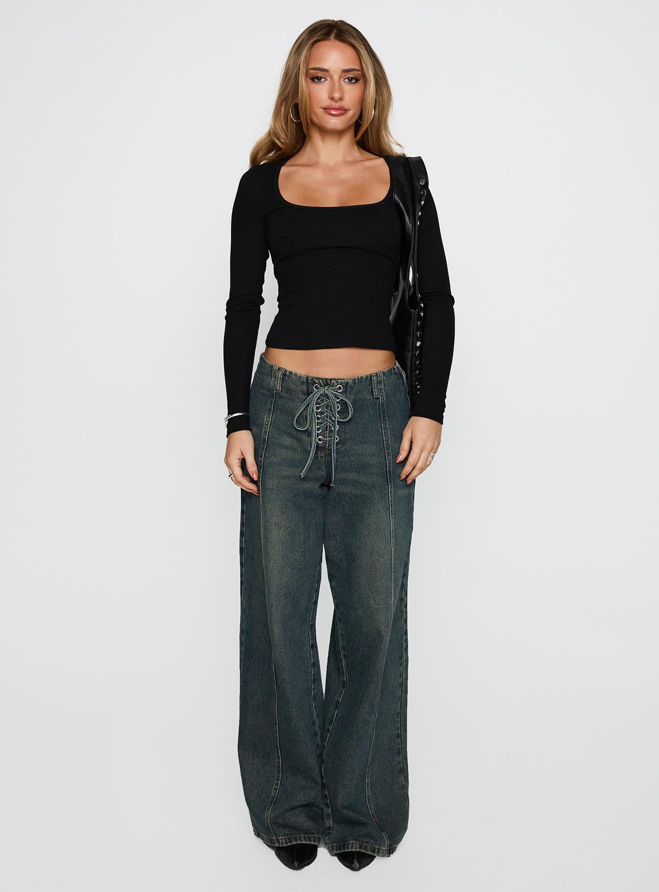 front view of model wearing Princess Polly Baseline Long Sleeve Top Black Full Sleeves Scoop Neck 