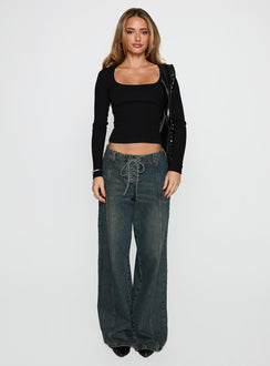 front view of model wearing Princess Polly Baseline Long Sleeve Top Black Full Sleeves Scoop Neck 