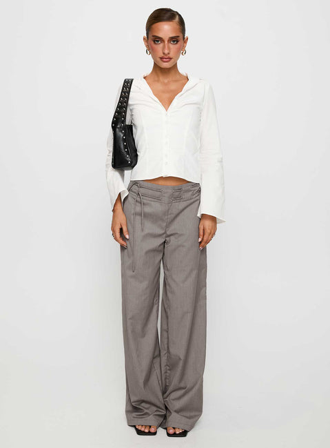 front view of model wearing Princess Polly Just Have Fun Wide Leg Pant Grey Tall High Waisted Pants 