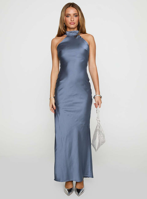 front view of model wearing Princess Polly Mordecai Halter Maxi Dress Blue High Neck 