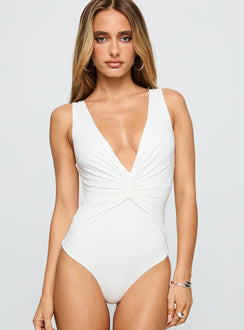 front view of model wearing Princess Polly Midnight In Paris Backless Bodysuit White Sleeveless 