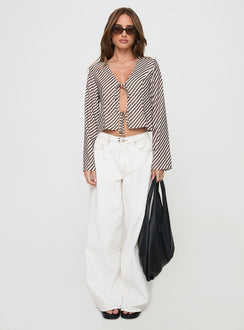 front view of model wearing Princess Polly Maxette Long Sleeve Tie Top Brown Stripe Full Sleeves V-Neck 