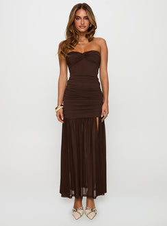 front view of model wearing Princess Polly Nevena Strapless Maxi Dress Brown Sweetheart Neckline 