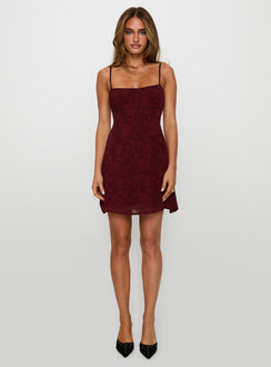 side view of model wearing Princess Polly South Of France Mini Dress Burgundy Square Neck 