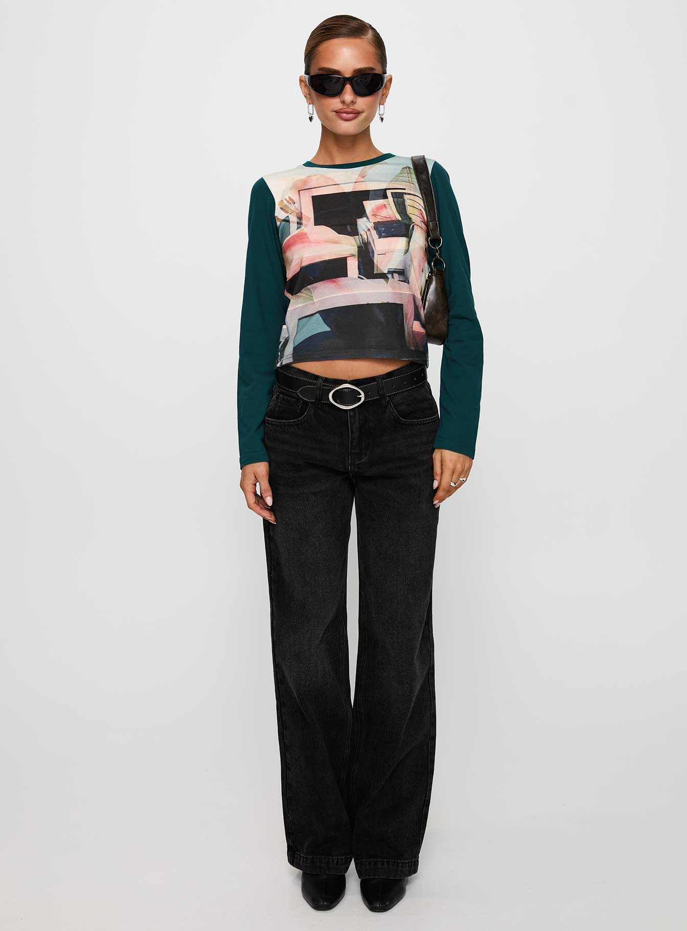 front view of model wearing Princess Polly Sonique Long Sleeve Top Multi Full Sleeves Crew Neck 