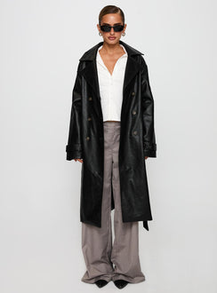 Think Later Faux Leather Trench Coat Black