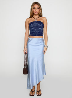   front view of model wearing Princess Polly Resistance Asymmetrical Maxi Skirt Blue Maxi 