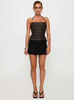 front view of model wearing Princess Polly The Player Backless Tie Neck Top Gold / Black Stripe Sleeveless Square Neck 