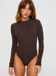 front view of model wearing Princess Polly Maleny Long Sleeve Bodysuit Brown Full Sleeves High Neck 