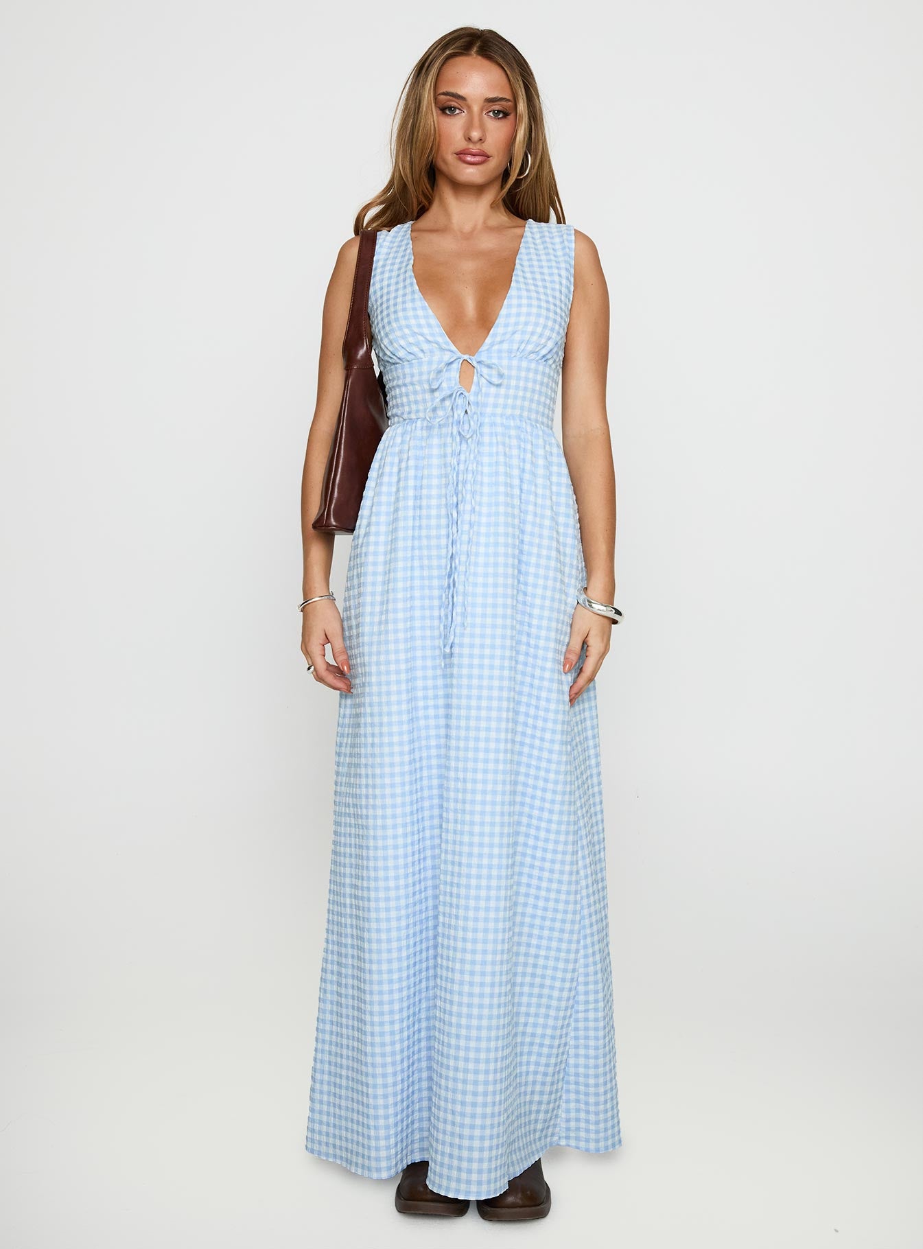 front view of model wearing Princess Polly Pokey Maxi Dress Blue Check Plunger 