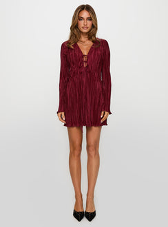 side view of model wearing Princess Polly Malop Long Sleeve Mini Dress Burgundy Plunger 