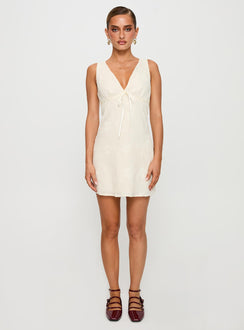 front view of model wearing Princess Polly Faithfully Embroidered Mini Dress Beige Plunger 