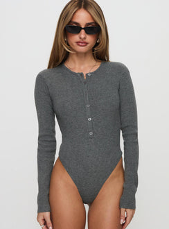 front view of model wearing Princess Polly Kerra Long Sleeve Bodysuit Charcoal Full Sleeves 