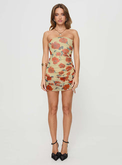 side view of model wearing Princess Polly Dimitrios Strapless Mini Dress Yellow / Red Floral Straight Neck 