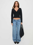 front view of model wearing Princess Polly Ferris Two-toned Straight Leg Jean Blue Wash Denim Low Rise Jeans 