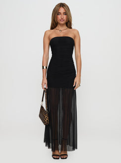 front view of model wearing Princess Polly Decadent Strapless Maxi Dress Black Tall Straight Neck 