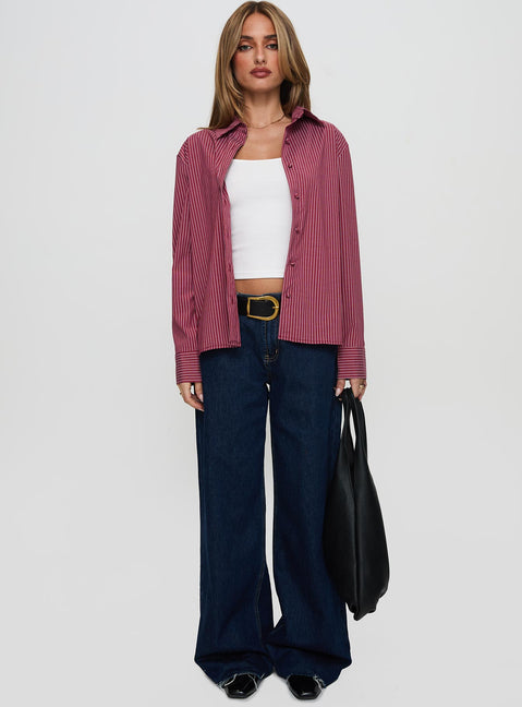 front view of model wearing Princess Polly Mandisa Long Sleeve Top Red Stripe Full Sleeves Crew Neck 