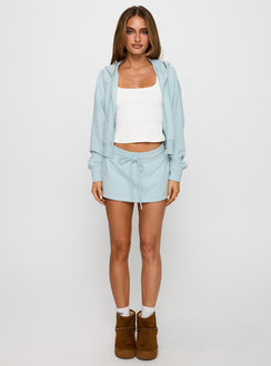 front view of model wearing Princess Polly Down Low Fleece Skort Blue Low Rise Shorts 