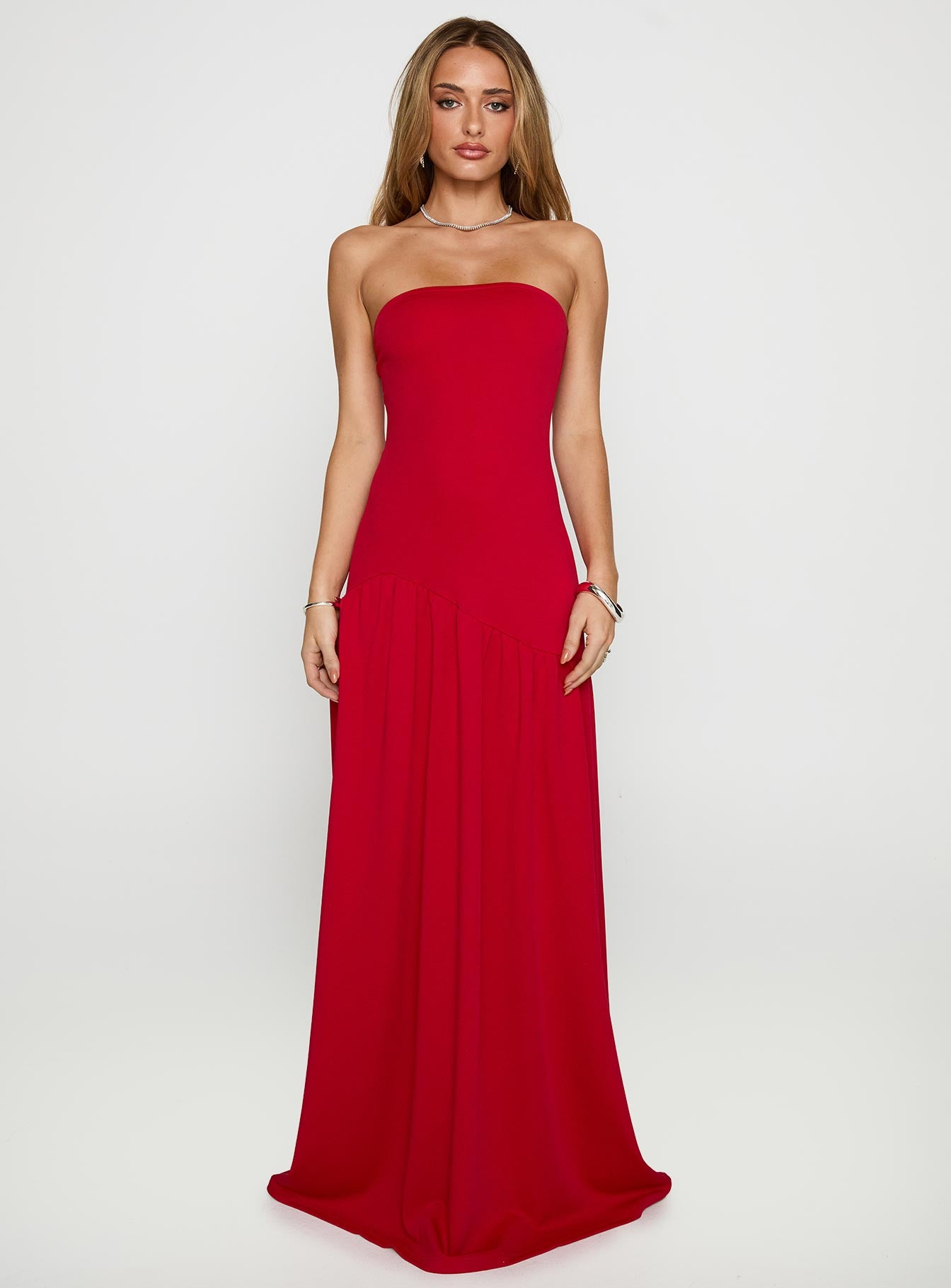 front view of model wearing Princess Polly Move Me Strapless Maxi Dress Red Straight Neck 
