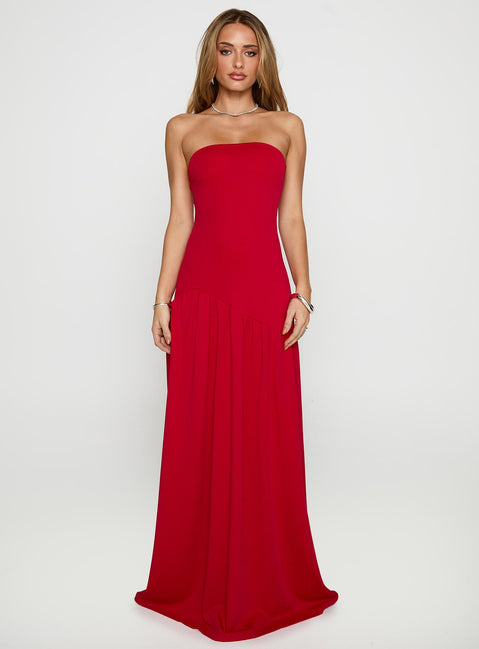 front view of model wearing Princess Polly Move Me Strapless Maxi Dress Red Straight Neck 