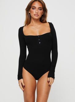 front view of model wearing Princess Polly Ballard Long Sleeve Bodysuit Black Full Sleeves Square Neck 