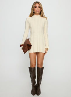 Carlee Rib Long Sleeve Mini Dress Cream