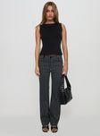 side view of model wearing Princess Polly Allude Low Waist Pinstripe Pant Black Low Rise Pants 