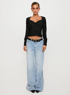 back view of model wearing Princess Polly Set For Life Foldover Detail Long Sleeve Top Black / White Pinstripe Full Sleeves V-Neck 