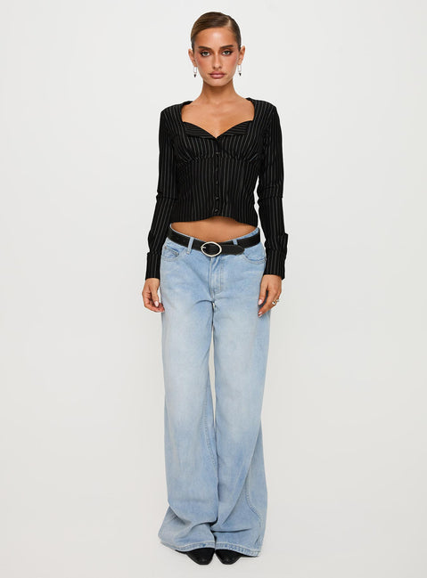 back view of model wearing Princess Polly Set For Life Foldover Detail Long Sleeve Top Black / White Pinstripe Full Sleeves V-Neck 