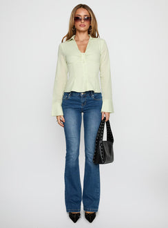 back view of model wearing Princess Polly Elowenn Long Sleeve Top Green Full Sleeves V-Neck 