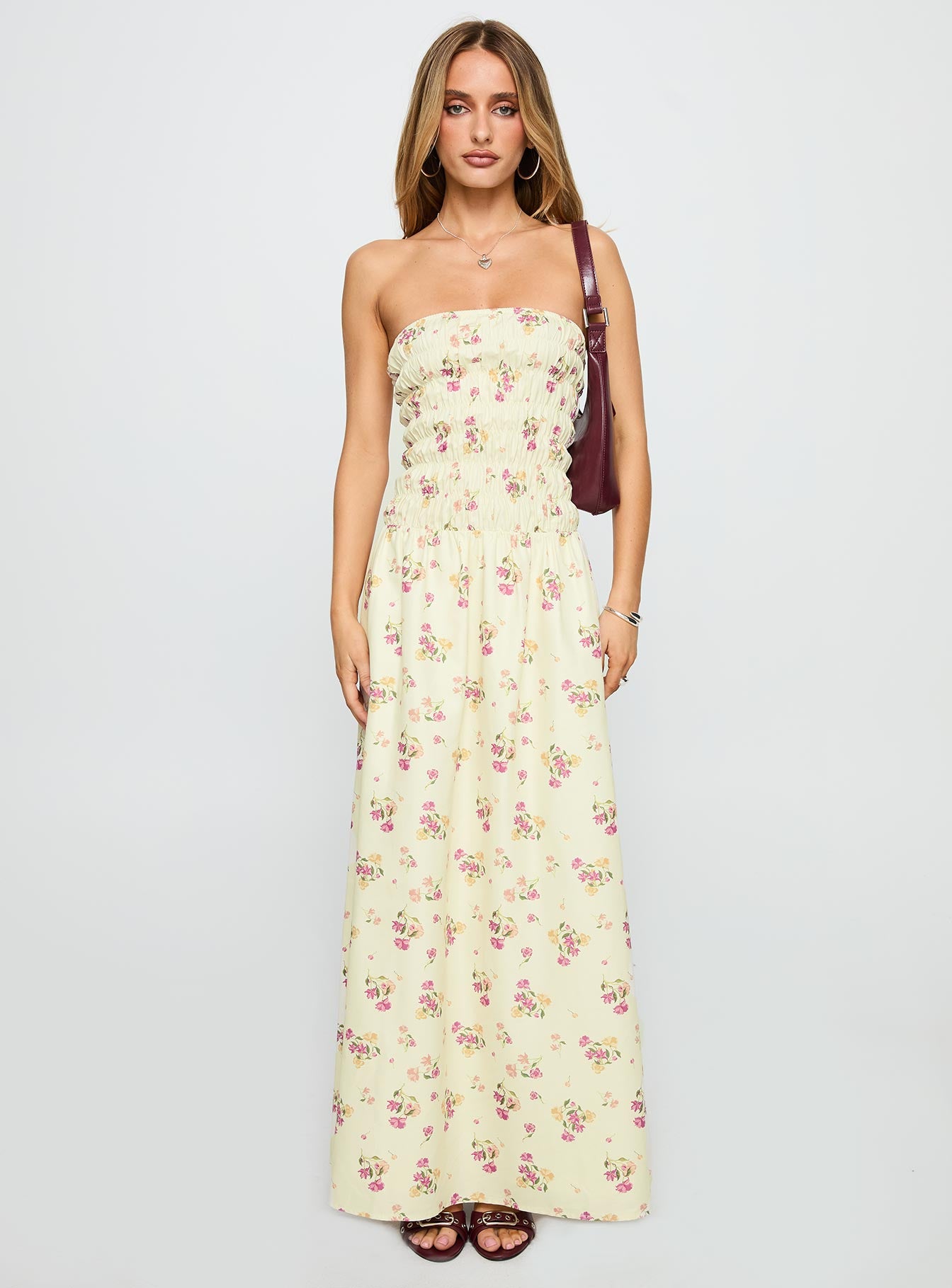 front view of model wearing Princess Polly Human Nature Strapless Maxi Dress Multi Floral Straight Neck 