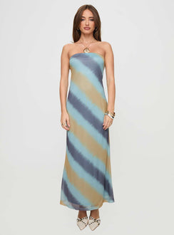 front view of model wearing Princess Polly Celik Strapless Maxi Dress Blue / Brown Straight Neck 