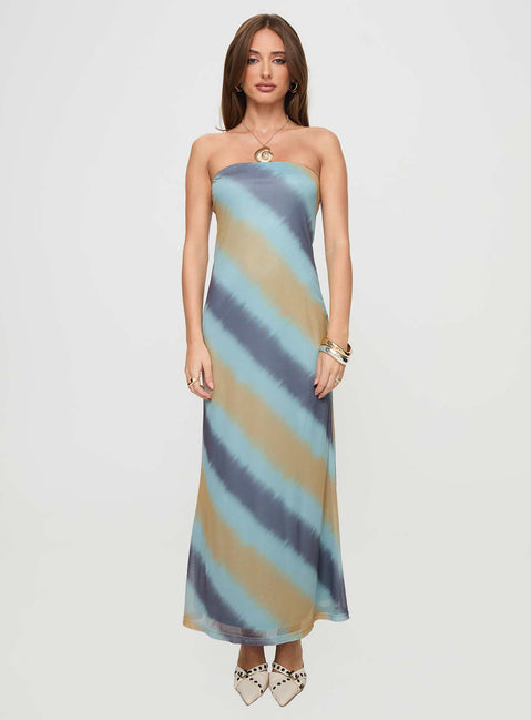 front view of model wearing Princess Polly Celik Strapless Maxi Dress Blue / Brown Straight Neck 