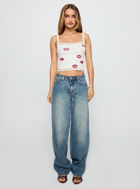 front view of model wearing Princess Polly Smooches Graphic Top Cream Sleeveless Square Neck 