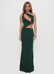 front view of model wearing Princess Polly Diablo Cut Out Maxi Dress Forest Green Asymmetric Neckline 