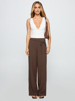 front view of model wearing Princess Polly Rush Hours Pants Chocolate High Waisted Pants 