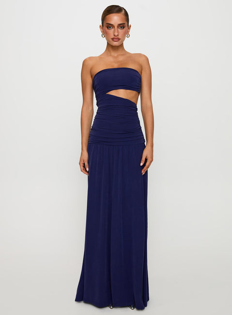 front view of model wearing Princess Polly Grandeur Strapless Maxi Dress Navy Straight Neck 
