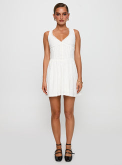 side view of model wearing Princess Polly Loveluck Lace Mini Dress White V-Neck 