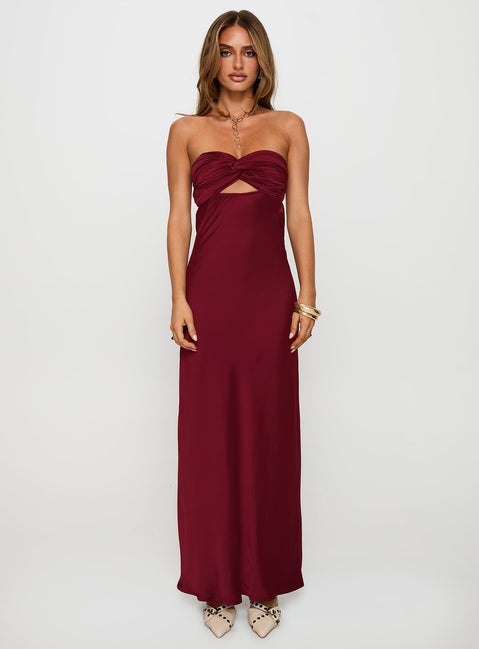 front view of model wearing Princess Polly Faviola Strapless Maxi Dress Burgundy Sweetheart Neckline 