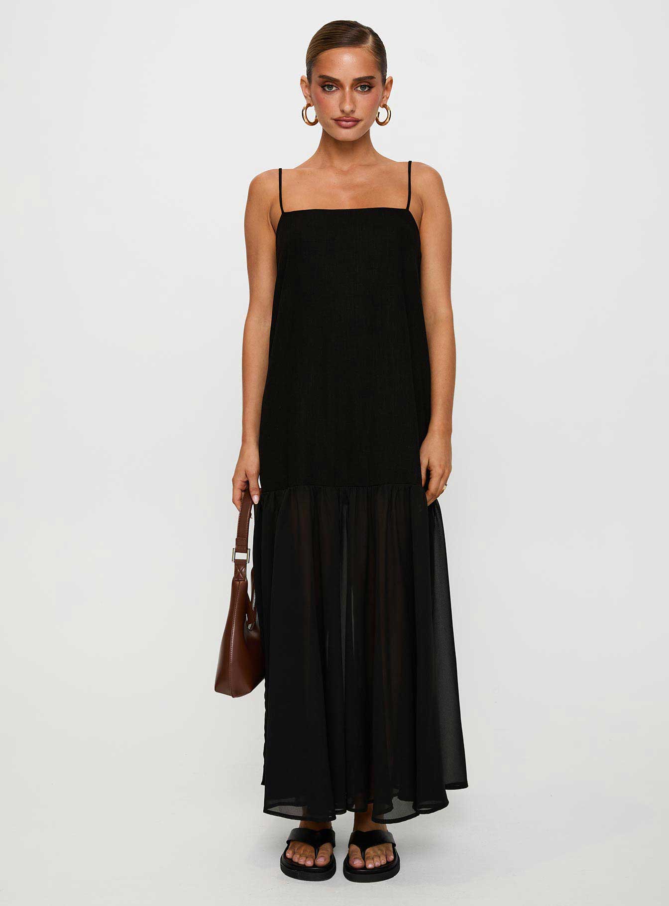 front view of model wearing Princess Polly Iskra Drop Waist Maxi Dress Black Square Neck 